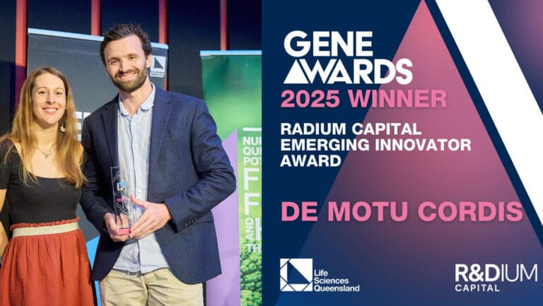 A banner with an image on the left of two DMC employees and text on the right saying De Motu Cordis is the Radium Capital Emerging Innovator Award winner for 2025